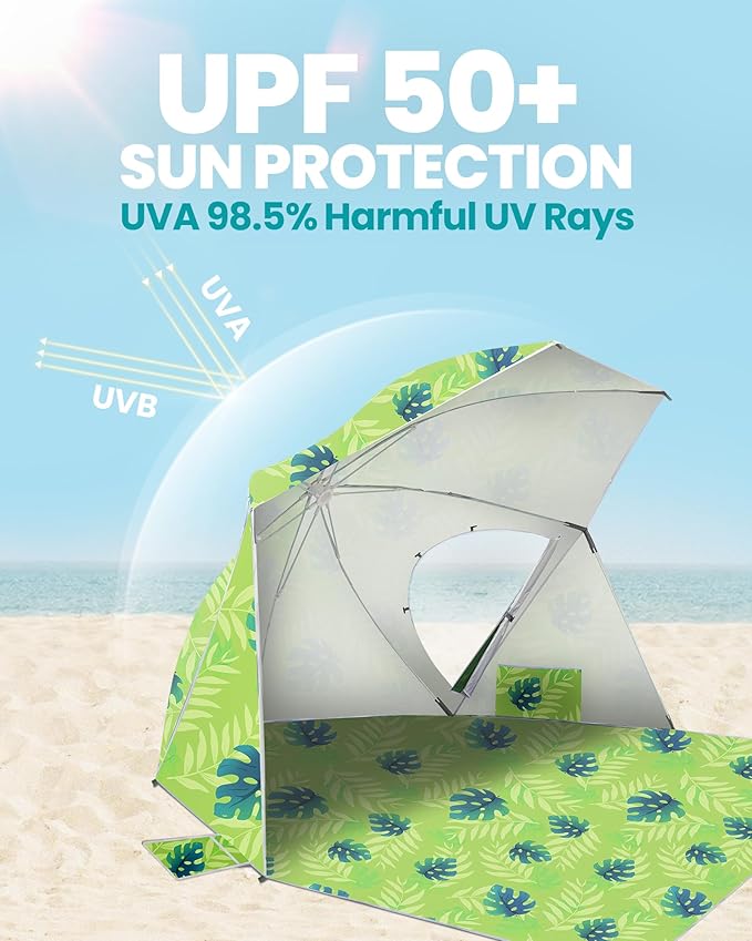 OutdoorMaster Pop Up Beach Umbrella Portable Beach Tent Shelter Beach Shade Sun Canopy with UPF 50+ UV Protection Extendable Floor with Carrying Bag