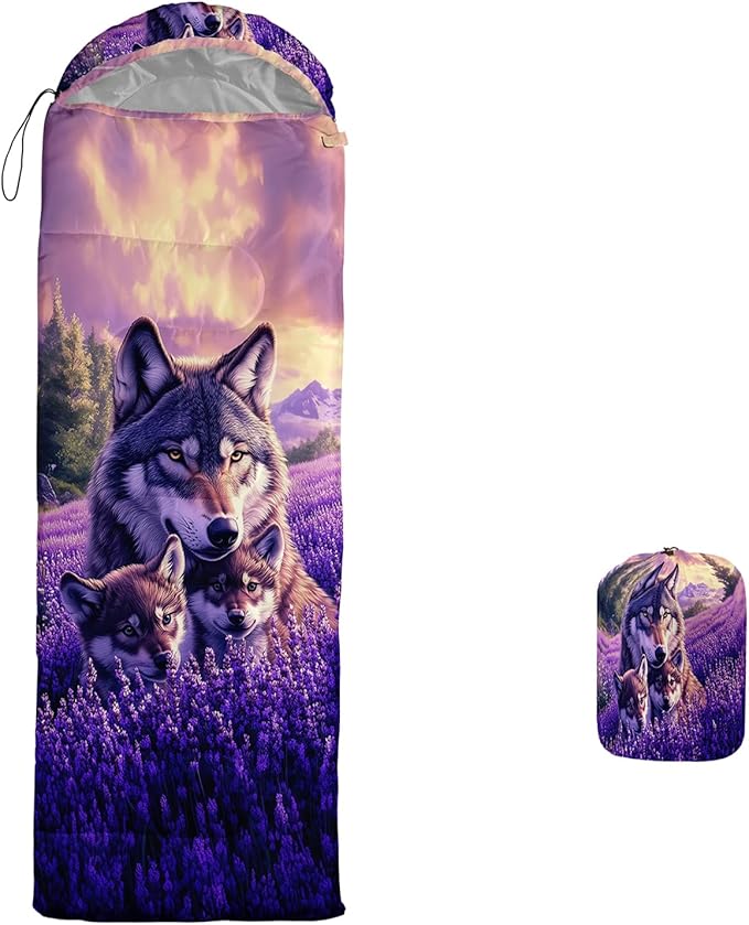 AILONEN Floral Wolf Sleeping Bag for Girls WomenWarm and Cool WeatherLightweightWaterproof BackpackingColorful Flower Animal Print Sleeping Bag for Camping