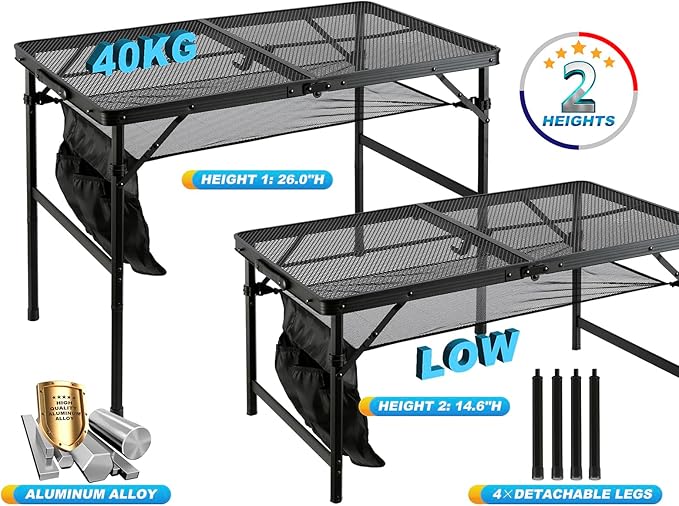 Folding Metal Camping Table with Mesh Layer Portable &amp Lightweight Grill Table for Outdoor 2 Adjustable Heights Metal Mesh Tabletop for Camping Cooking Medium Size (2.95 FT Black)