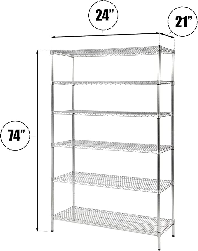 21 Deep x 24 Wide x 74 High 6 Tier Chrome Wire Shelving Kit | NSF Commercial Storage Rack Unit