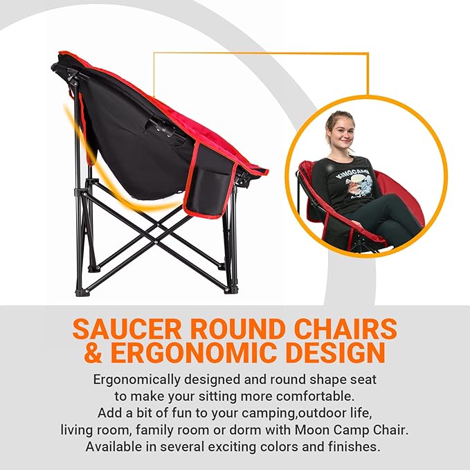 KingCamp Foldable Saucer Moon Lounge Chair with Cupholder Storage Pocket for Indoor Home or Outdoor Camping and Tailgating Use Black/Red