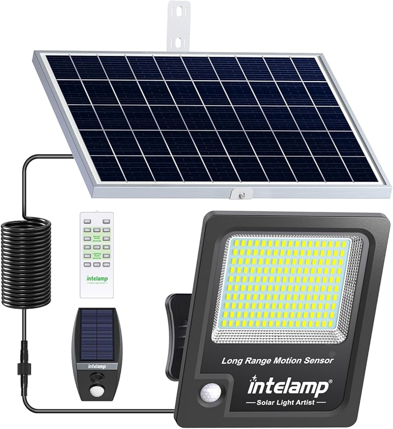 intelamp Solar Flood Lights Outdoor Waterproof Linkable 12000mAh 3000LM Motion Sensor Floodlight with Remote Control Sensor Case 16.4Ft Cable Dusk to Dawn Lighting Lamp for Street Outside House