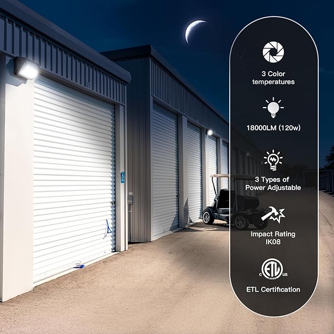 JTT LED Wall Pack Light with Dusk-to-Dawn Sensor 120W/96W/72W Selectable[Eqv.900W HPS/HID]18000LM 6000K/5000K/4000K Daylight WallPack Lights Outdoor LED for Parking LotWarehouseHouseYard-2pack