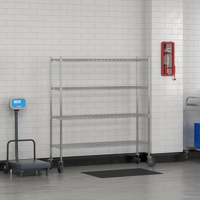 Commercial NSF Listed Chrome Mobile Wire Shelving Kit 14 x 54 x 60 with 4 Shelves Perfect for Warehouse Walk-in Refrigerator Freezer Grocery Store Restaurant Dishroom