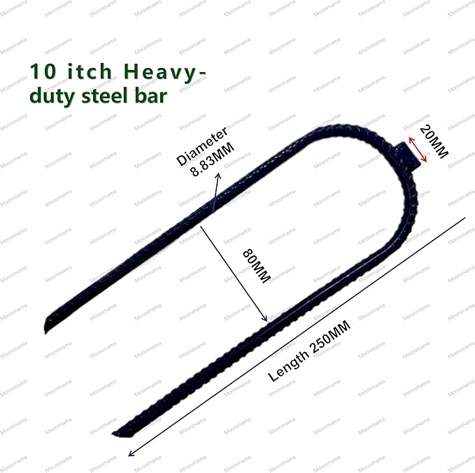 Moonmama Ground Stakes Steel Rebar Stakes Tents Nails Heavy Duty Garden Stake Ground Anchor Pegs U Shaped Metal Fences Stake for Trampolines Camping Canopies Sheds Swing Sets 10inch 10ge