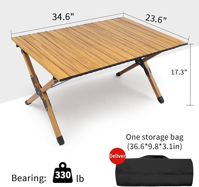 Whitsunday Folding Camping Table Aluminum Portable Roll-Up Picnic Table 4-6 Person for BBQ Backyard Patio Party Wood Grain 34.6 * 23.6 * 17.3