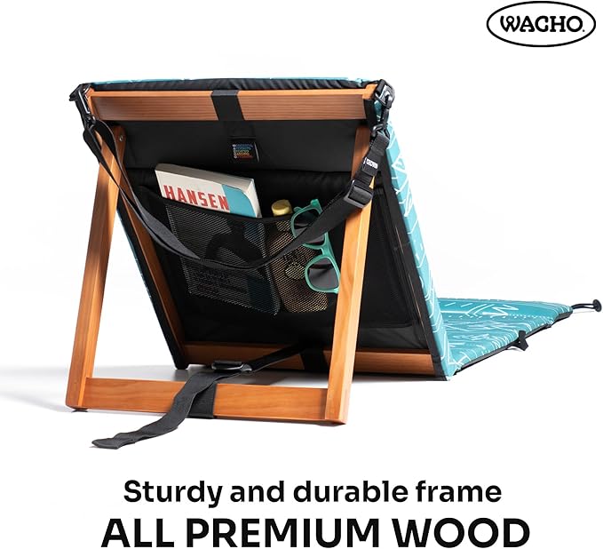 Wacho Outdoor Folding Beach Chair – Ultralight Reclining with Adjustable Wooden Backrest Foam Padding &amp Water-Resistant Recycled Fabric – Portable Lounge Chair for Beach Camping Picnic – Blue G