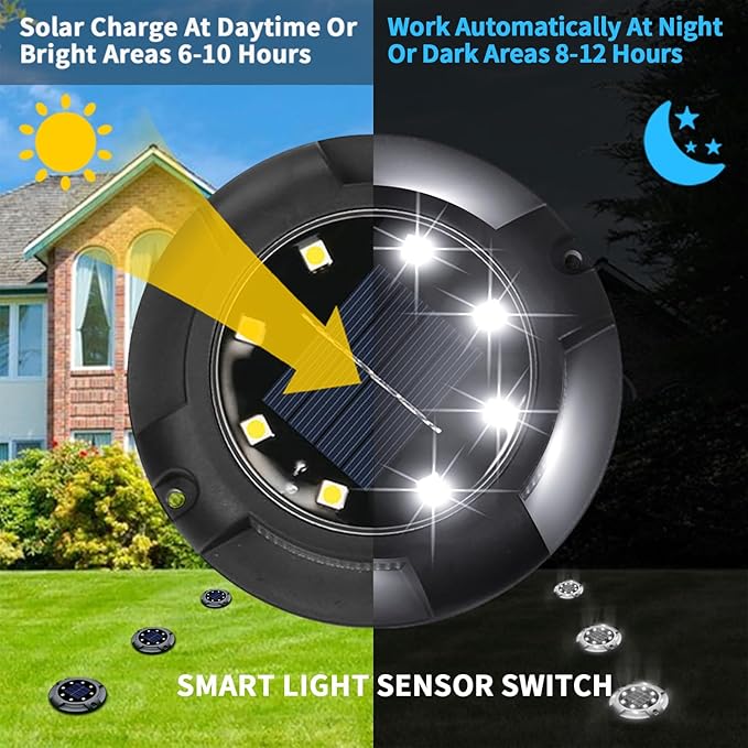 Solar Ground Lights Outdoor Waterproof 8 Pack 12 LEDs Solar Garden Disk Lights Landscape Lighting for Outside Pathway Deck Yard Patio Lawn Driveway Walkway Deco (White Lights)