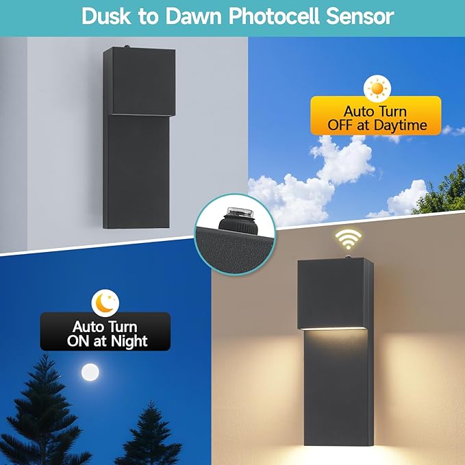 15 Dusk to Dawn Outdoor Lighting Modern LED Outdoor Wall Sconce 20W Sensor Lights for Outside 3000K Outdoor Light Fixtures Wall Mount Anti-Rust Black Finish Outdoor Lights for House