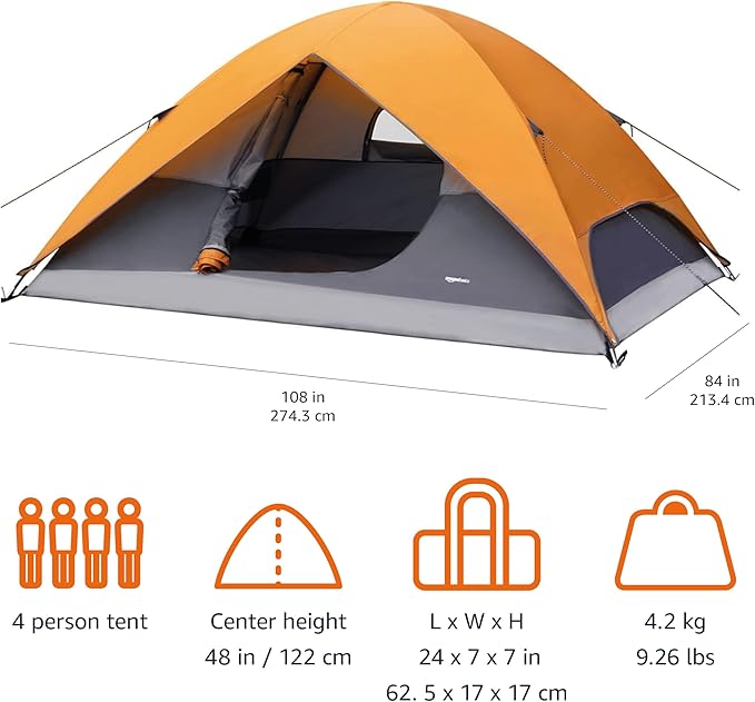 Amazon Basics Camping Tent 3-Season Dome Design with Rainfly