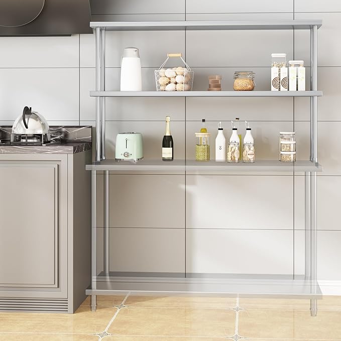 2-Tier Stainless Steel Overshelf for Work &amp Prep Table 12x60 inch Commercial Adjustable Double Shelf Heavy Duty Storage Rack for Kitchens Utility Rooms Restaurants &amp Garages