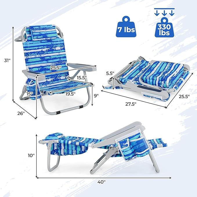 COSTWAY Backpack Beach Chair Foldable Camping Chair with 5 Adjustable Position Cup Holder Storage Pockets Straps Towel Rack Pillow for Patio Outdoor (Blue Stripe2)