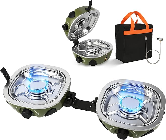 INFOOD Propane Camping Stove 20000 BTU - Portable 2 Burner Gas Stove with Adjustable Flame Control Piezo Ignition Carry Bag &amp Propane Adapter Hose Folding Design for Camp BBQ Tailgating Gre