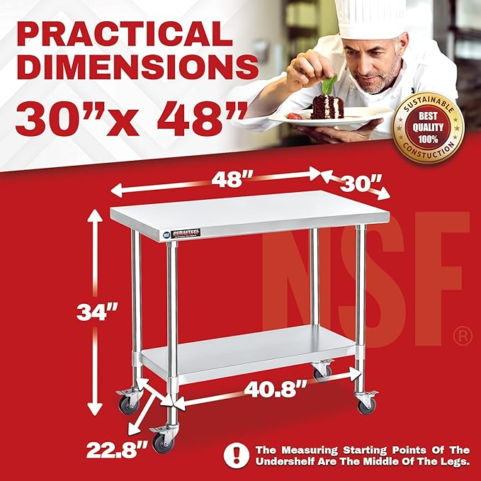 DuraSteel 30x48 NSF Stainless Steel Cart - Heavy Duty Food Prep Table with Undershelf - Rolling Kitchen Island on Wheels for Commercial Restaurant Kitchen Garage Outdoor Cooking BBQ Grill Counter
