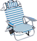 Portable Beach Chair for Adults Outdoor Camping Chair Lay Flat Folding Backpack Beach Reclining Chair with 5 Positions Headrest Cup Holder Heavy White Striped