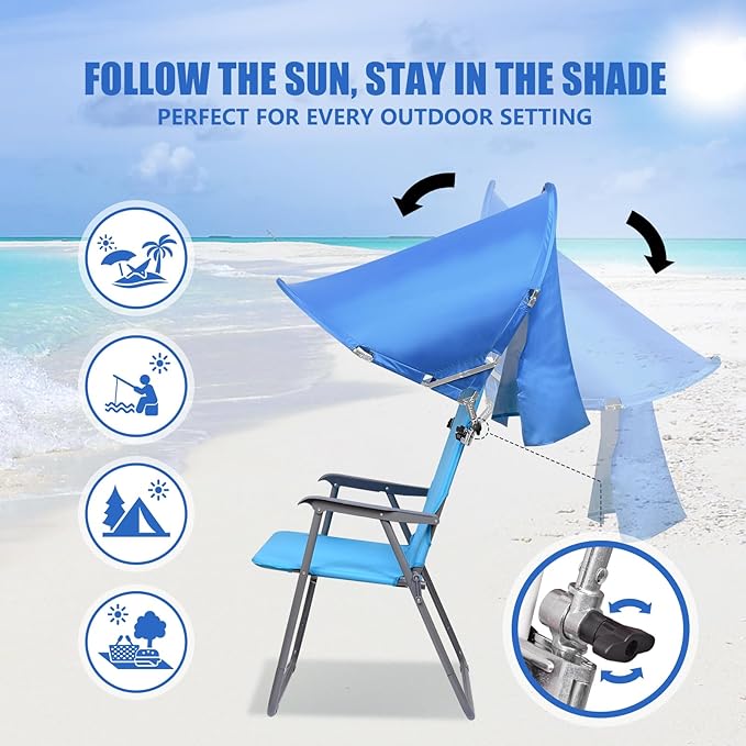 XL Universal Chair Canopy Umbrella UPF 50+ Foldable Sun Shade Attachment with Adjustable Clamp Fits Most Brands’ Beach Camping Lawn Tanning Zero Gravity Lounge &amp Fishing Chairs