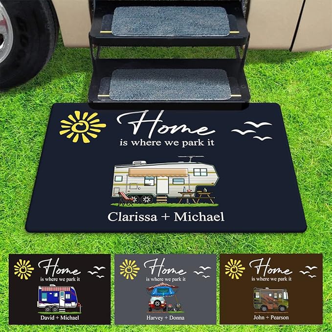 Personalized Home is Where We Park It Doormat Camping - Custom Family Name Camping Door Mat RV Accessories for Inside Outside Campsite Decorations for Travel Trailers Decorative Gift Motorhome Rugs
