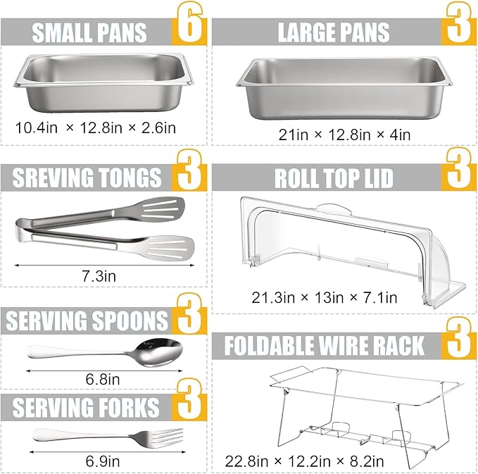 Maxdot 3 Pack Stainless Steel Dish Set Full - Size Food Serving Display Container and Clear Roll Top Cover Utensils and Folding Wire Buffet Rack for Restaurant Hotel Kitchen Party Catering Supplies