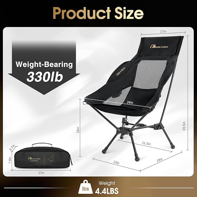 MOON LENCE High Back Folding Camping Chair 330lbs Portable Compact Chair with Wide Seat &amp Ergonomic Back Support (Black)