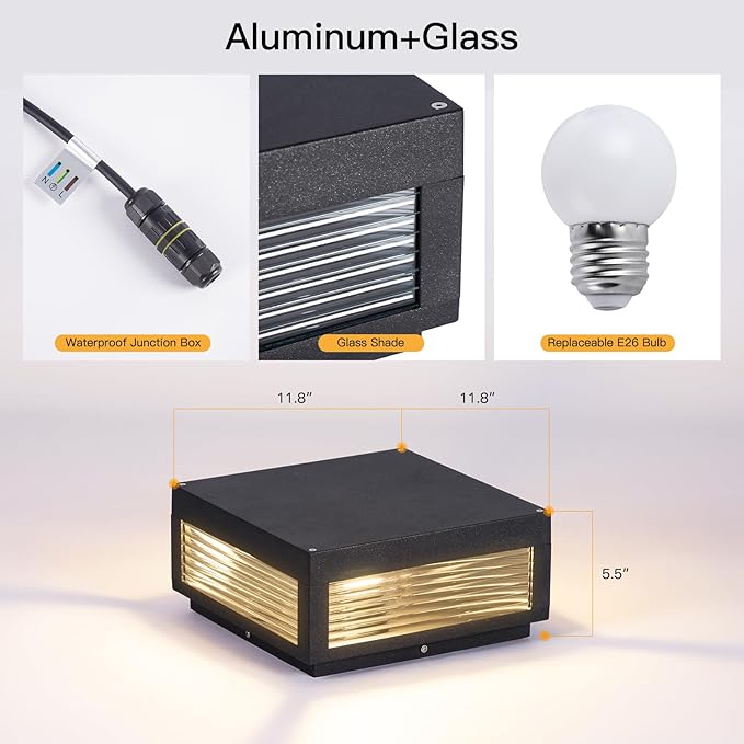 Outdoor Post Lights Hard Wired 11.8 Outdoor Column Lights IP54 Waterproof Large Modern Pillar Light 3000K E26 Bulb Landscape Lamp Post Light Square Column Lighting for Patio Garden Deck Yard
