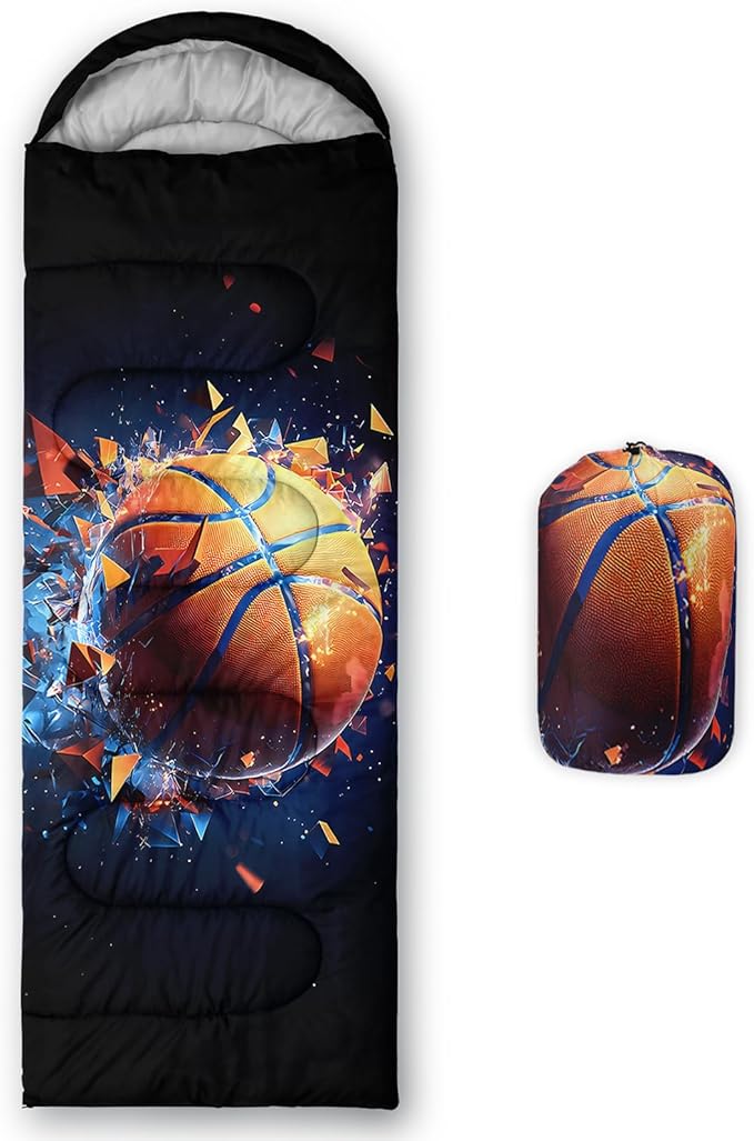 AILONEN Sports Basketball Sleeping Bag for Kids BoysWarm and Cool WeatherLightweightWaterproof Backpacking3D Galaxy Ball Print Sleeping Bag for Camping