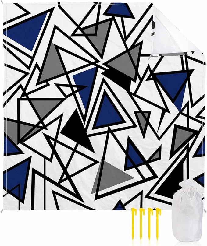 Beach Blanket Waterproof Sandproof OversizedNavy Blue Black Geometric Triangle Beach Mat with Corner Stakes Sand PocketsModern Abstract Style Outdoor Picnic Mat for Travel Camping Hiking118x108In