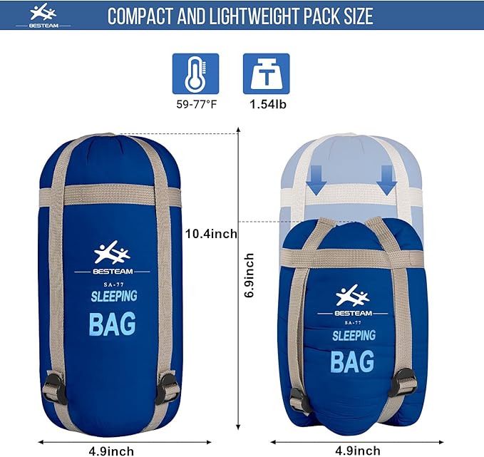 Warm Weather Sleeping Bag - Portable Waterproof Compact Lightweight Packable for Kids Teens Adults Camping Backpacking Hiking Spring Summer Fall