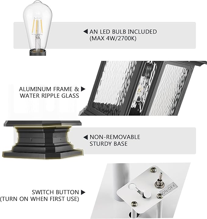 Emliviar Exterior 23.5 Inch Solar Post Light Outdoor Aluminum Post Lamp with Pier Mount Base Integral Black LED Pillar Lantern with Water Ripple Glass XE310P SL BK-SW