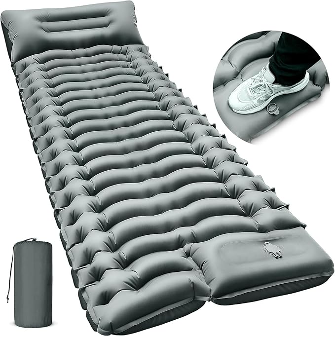 Camping Sleeping Pad Ultralight Camping Mat with Pillow Built-in Foot Pump Inflatable Sleeping Pads Compact for Camping Backpacking Hiking Traveling - Gray