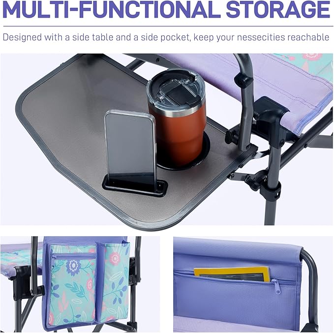 EVER ADVANCED Portable 30.7 Seat Height Tall Folding Camping Chair Directors Chair High Foldable Bar Stool with Side Table for Makeup Artist Sports Event Craft Show Supports 350LBS
