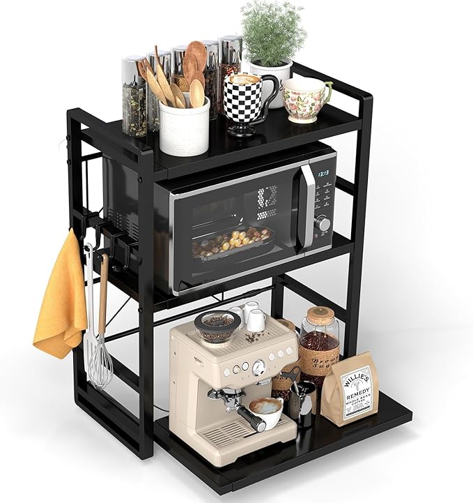 3-Tier Microwave Rack - Height Adjustable &amp Extendable Kitchen Shelf with Drawer - Carbon Steel - Includes Hooks &amp Reinforcement Suction Cups Baker's Rack (Black)