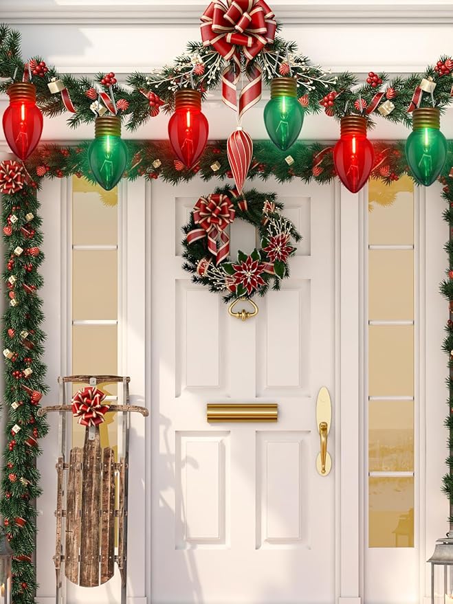 SUNSGNE Red and Green Giant Christmas Lights 16FT Red and Green LED Christmas Lights with 10 Count 5'' Clear Glossy LED Bulbs for Xmas Roofline Patio Backyard Decorations