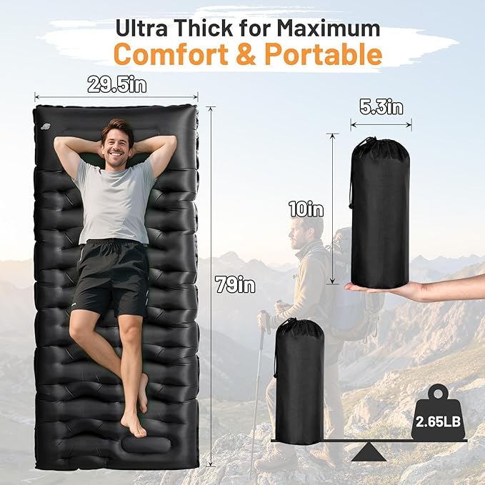 KASBAH Camping Sleeping PadExtra Wide 6 inch Thick Inflatable Sleeping Pads with Built-in Foot Pump and PillowUltralight Camping Mat Gear for Outdoor HikingCamping