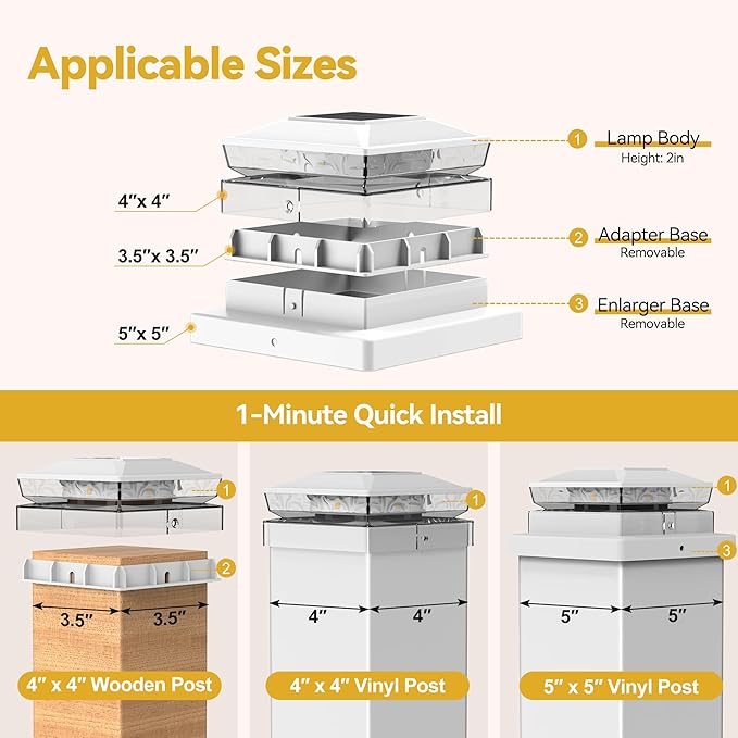 Solar Post Cap Lights 6 Pack Upgraded Outdoor Deck Fence Post Solar Lights for 4x4 5x5 Wood/Vinyl Posts IP65 Waterproof 10-12 Hours Warm White Glow for Garden/Patio/Porch - White