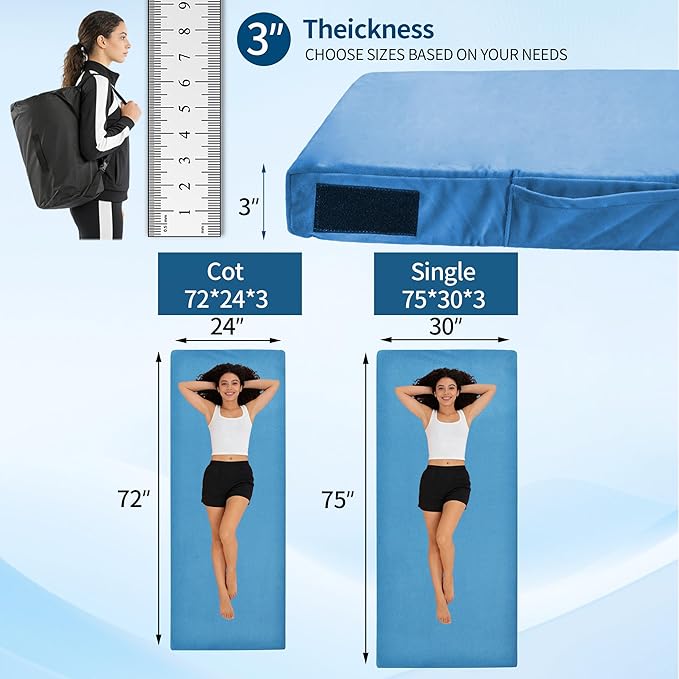 3 Inch Memory Foam Camping Mattress Pad Dual Layer Thick Sleeping Camp Mat for Sleepover Car Tent Portable Roll Up Mattress for Adults with Travel Bag