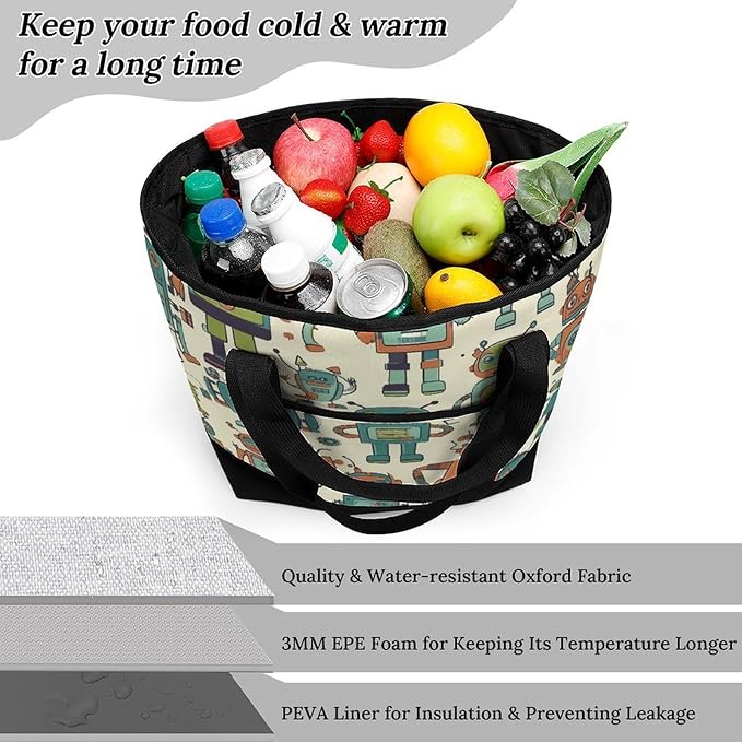 Insulated Shopping BagLarge Reusable Cooler Bags Cute Cartoon Robots Printed Foldable Shopping BagTravel Waterproof Shoulder Bag