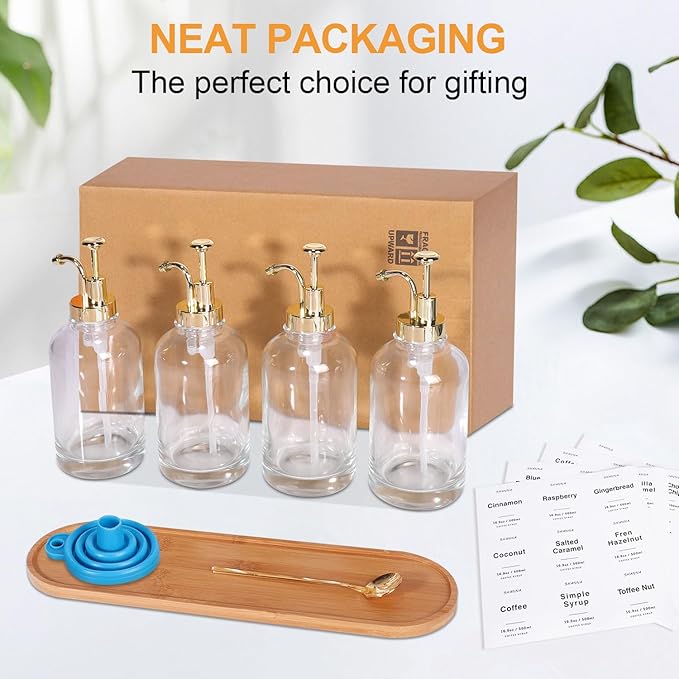 Coffee Syrup Dispenser for Coffee Bar 16.9oz 500ml Glass Syrup Dispenser w Golden Coffee Scoop Coffee Syrup Pump Dispenser w 36 Labels and Bamboo Tray Coffee Syrup Bottles with Golden Pump 4PCS