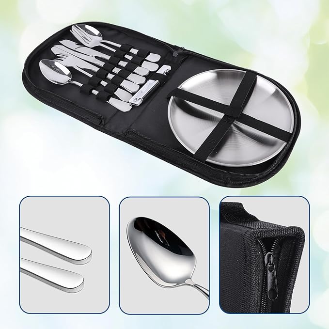 Outdoor Camping Silverware 10Pcs Set Stainless Steel Outdoor Camping Mess Kits Includes Forks Spoons Knives Fork Spoon Dish and Cap Opener Plates - Portable Cutlery Bag