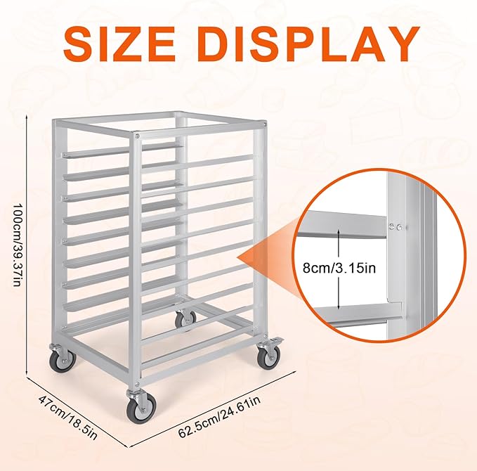 9 Tier 3 Inch Spacing Aluminium Home Commercial Kitchen Bakery Cooling Rack with Brake Wheels Commercial Bun Pan Bakery Rack for Restaurant Cafeteria Pizzeria