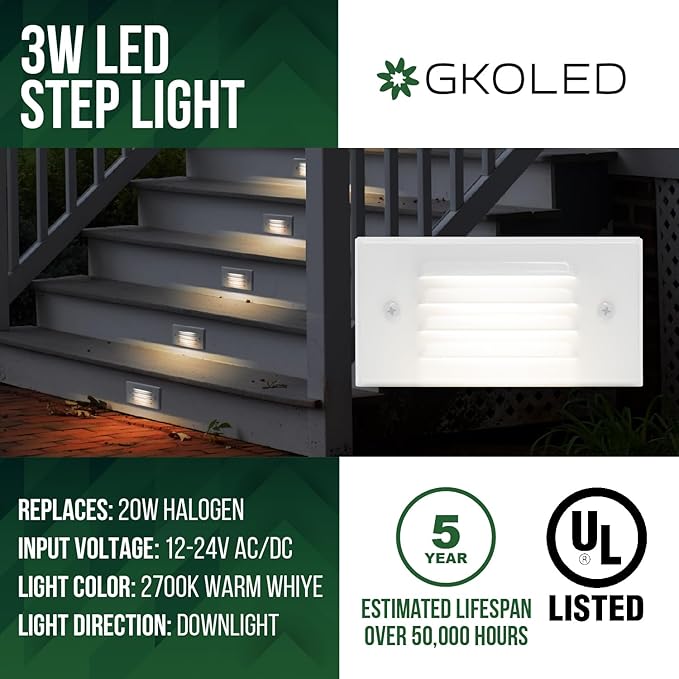 GKOLED Low Voltage Outdoor Step Lights 12V 3W Stair Lighting with Horizontal Louvered Faceplate Surface Mount Suitable for Steps Decks Pathway Yard Fences 2700K Waterproof UL Listed 6 Pack
