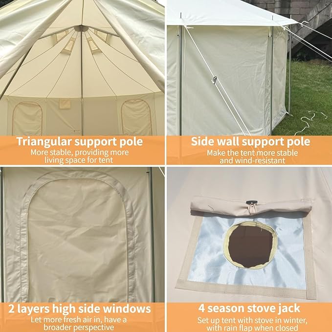 DANCHEL OUTDOOR B6 4 Season Glamping Wall Tent w/Large Wood Stove Camping No Center Pole Higher Side Wall 900D Flame Retardant Oxford for 4-8 Person Yurt Cabin Tent13ft/16.4ft