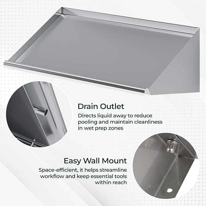 304 Stainless Steel Slanted Wall Rack Shelf with Drain Outlet – 42 x 22.5 | Commercial Wall-Mounted Drip Shelf for Bar Kitchen or Dish Station (42 in. x 22 1/2 in)