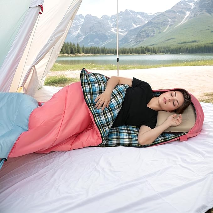 Cotton Flannel Lined Sleeping Bag for Adults Teens Kids Cold Weather &amp Warm 3 Seasons Lightweight Compact Camping Essentials Equipment Hiking Outdoor Travel