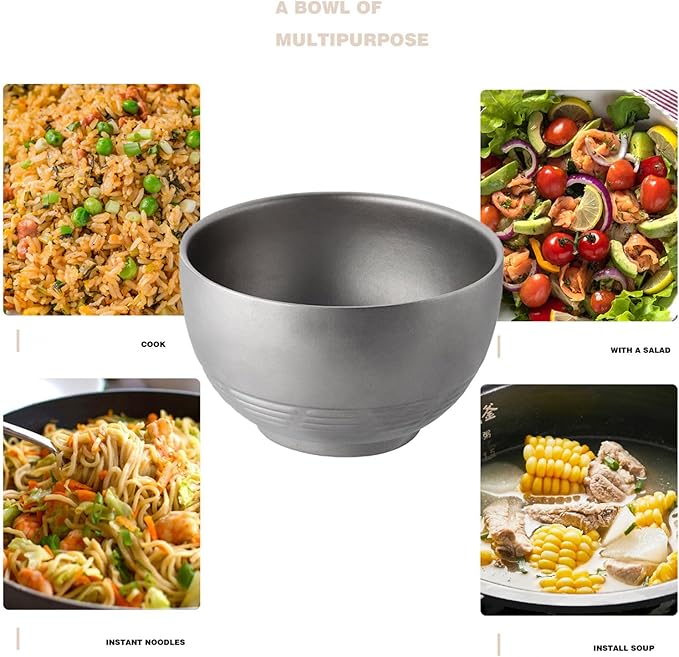 380ml Titanium Camping Bowl Lightweight Double-Wall Non-Insulated Bowl for Hiking Backpacking Travel Easy Clean Ideal for Soup Oatmeal RT062T (Silver)