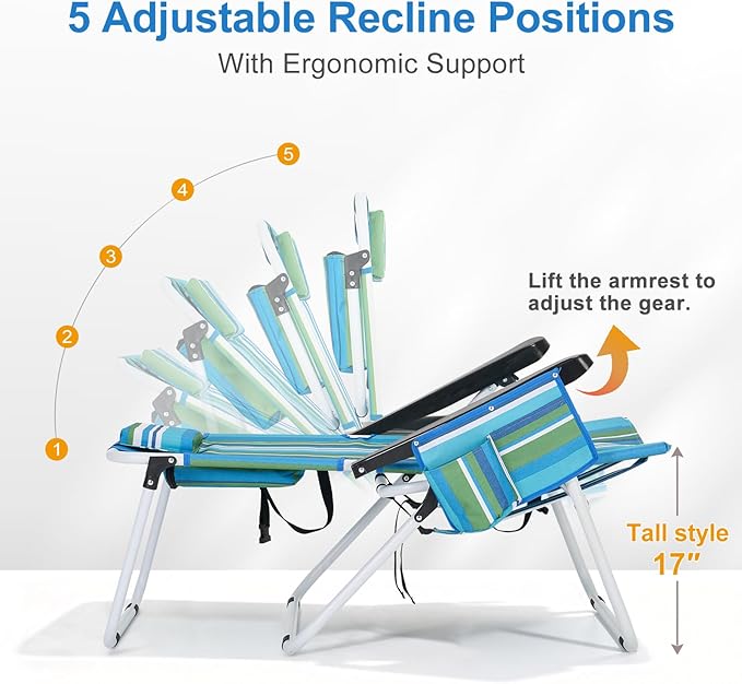 MOPHOTO Tall Beach Chairs for Adults 17 High Backpack 5-Position Tanning Chair with Cooler Bag &amp Cup Holder Heavy Duty Lay Flat Reclining for Beach Patio Camping Supports 350 lbs