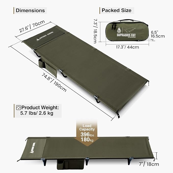ONETIGRIS SUPRAGRIS Camping Cot Support Up to 400lbs Lightweight Comfortable Folding Bed for Camping Hiking Backpacking Travel Car Trips Office Nap (Ranger Green)