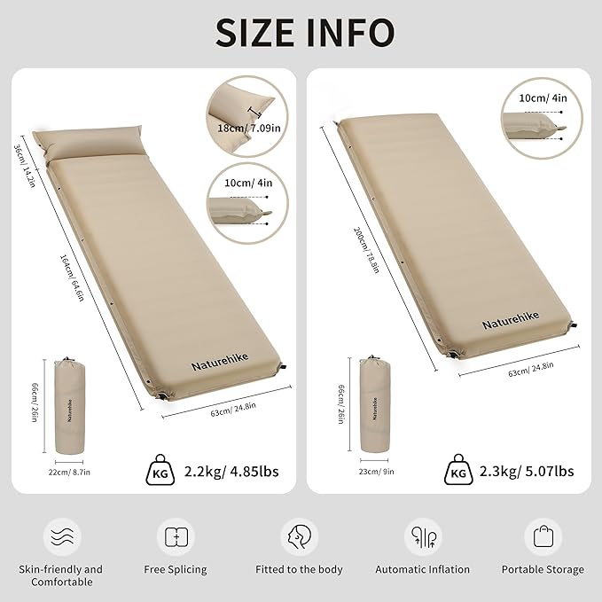 Naturehike 4/10cm Ultra Thick Foam Self Inflating Sleeping Pad R9.5 Patchwork Sleeping Mats with 75D Fabric 4 Seasons Air Mattress for Camping Travel Car Tent Cot Hiking