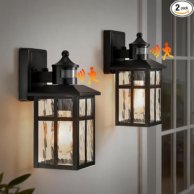 Edvivi Motion Sensor Porch Lights Outdoor Dusk to Dawn Outdoor Lighting Wall Sconces with Water Glass Matte Black Wall Mounted Lantern Light Wet Rated Exterior Lighting Fixtures for House 2-Pack