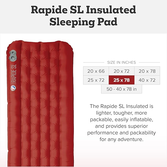 Big Agnes Rapide SL - Insulated Sleeping Pad Ultralight All Season Compact Backpacking and Hiking Pumphouse Sack Included Orange 25x78 Wide Long