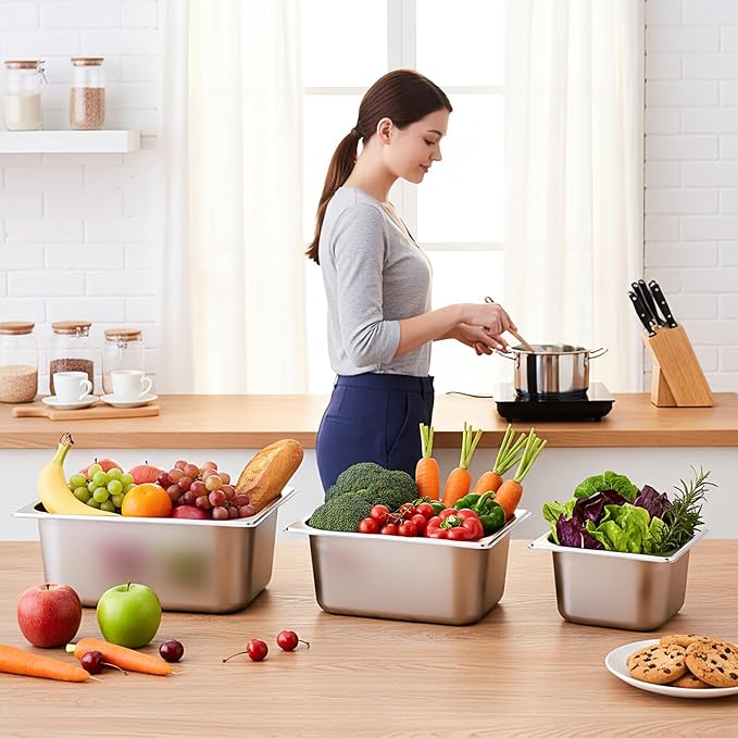 Maxdot 7 Set Stainless Steel Hotel Pan 1/2 1/4 1/6 Size 4 Inch Deep with Lids Stainless Steel Steam Table Pan Commercial Food Pans for Restaurant Catering Salad Bar Party Supplies Metal Steam Tray